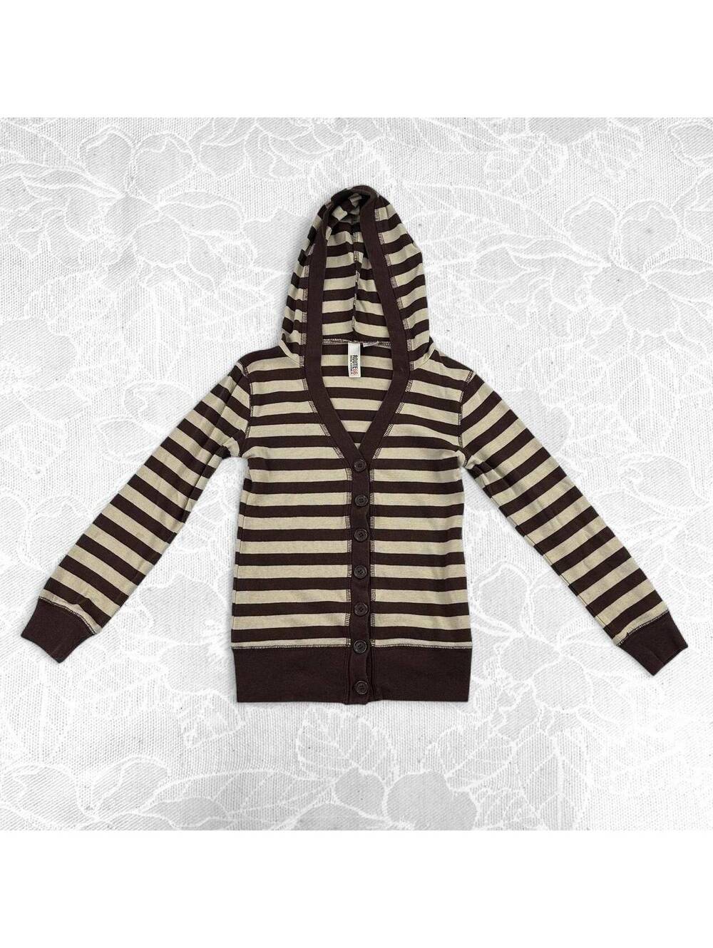 Route 66 Vintage Brown and Cream Striped Hooded Kids Cardigan - Size 7/8